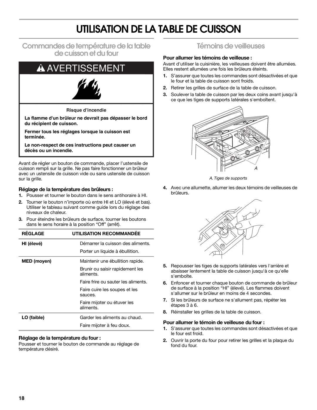 Whirlpool W10330186A manual Utilisation DE LA Table DE Cuisson, Commandes de température de la table De cuisson et du four 