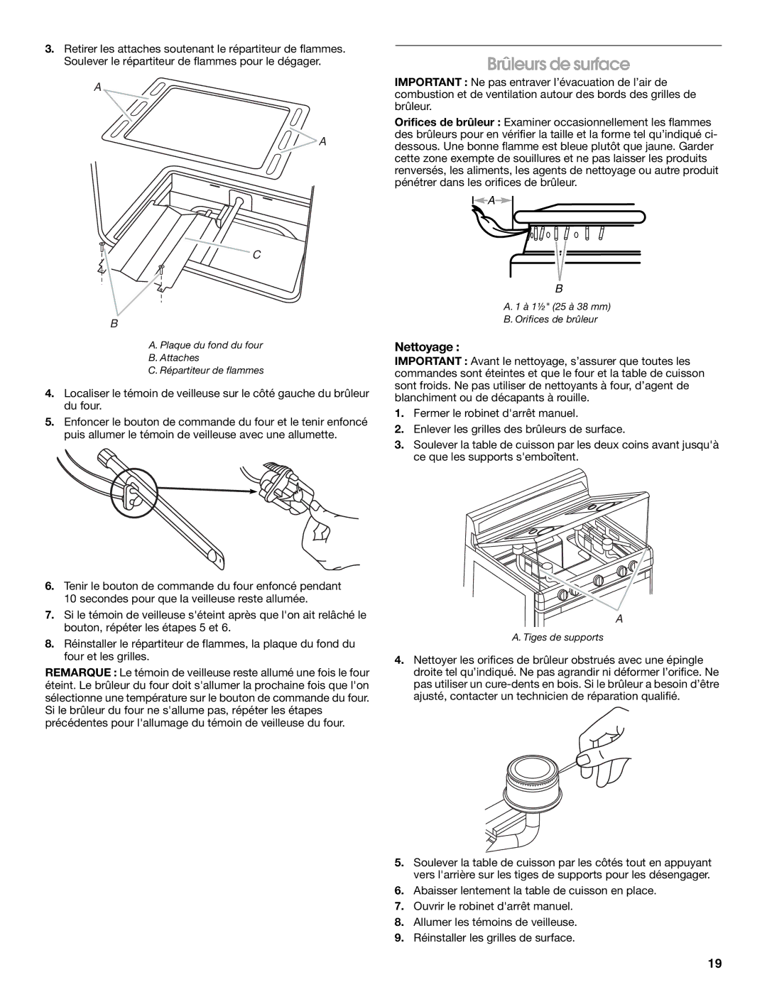 Whirlpool W10330186A manual Brûleurs de surface, Nettoyage 