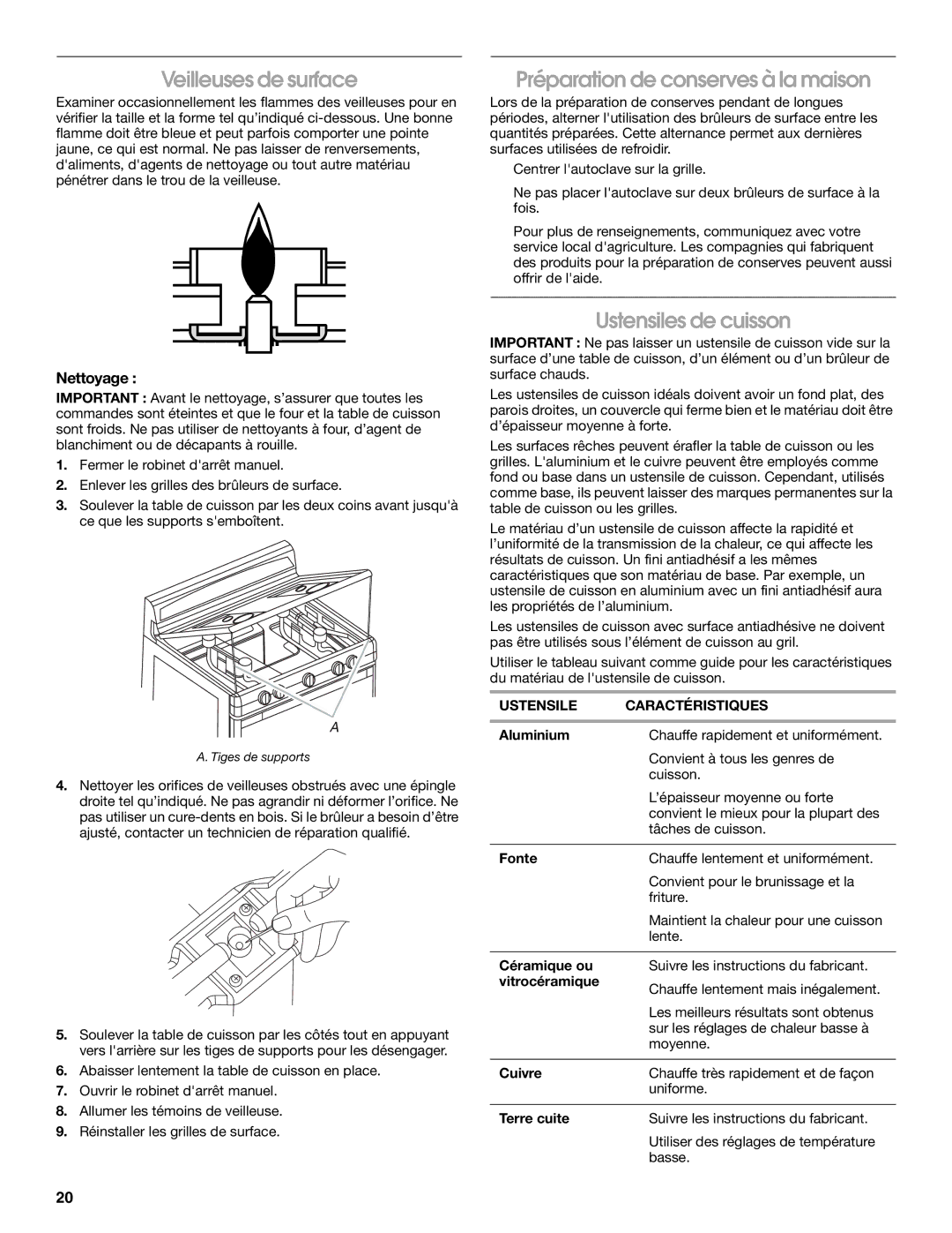 Whirlpool W10330186A manual Veilleuses de surface, Préparation de conserves à la maison, Ustensiles de cuisson 