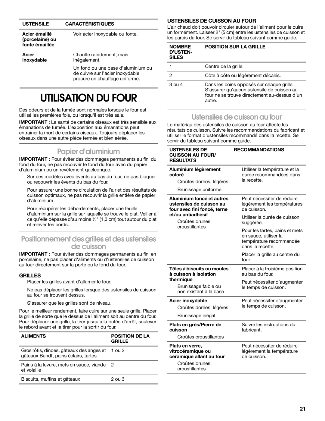 Whirlpool W10330186A manual Utilisation DU Four, Papier d’aluminium, De cuisson, Ustensiles de cuisson au four 