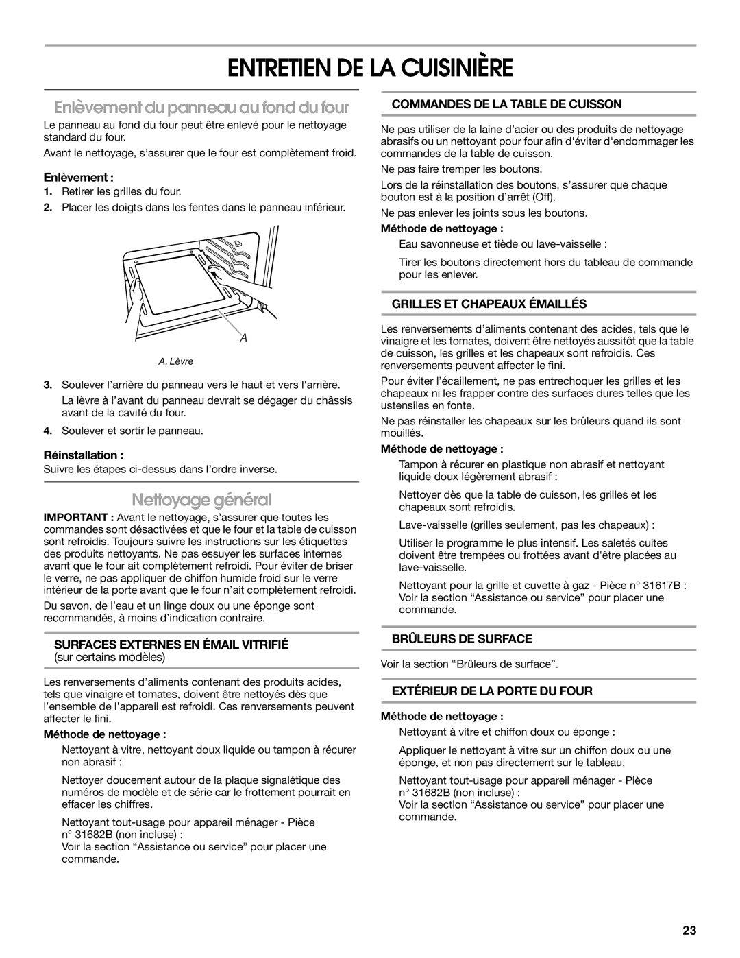 Whirlpool W10330186A manual Entretien DE LA Cuisinière, Enlèvement du panneau au fond du four, Nettoyage général 