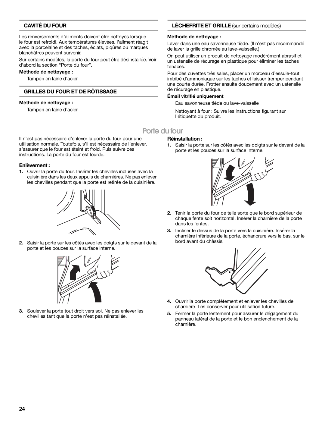Whirlpool W10330186A manual Porte du four, Cavité DU Four, Grilles DU Four ET DE Rôtissage, Émail vitrifié uniquement 