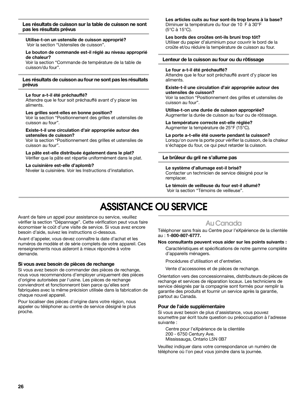 Whirlpool W10330186A manual Assistance OU Service, Au Canada 