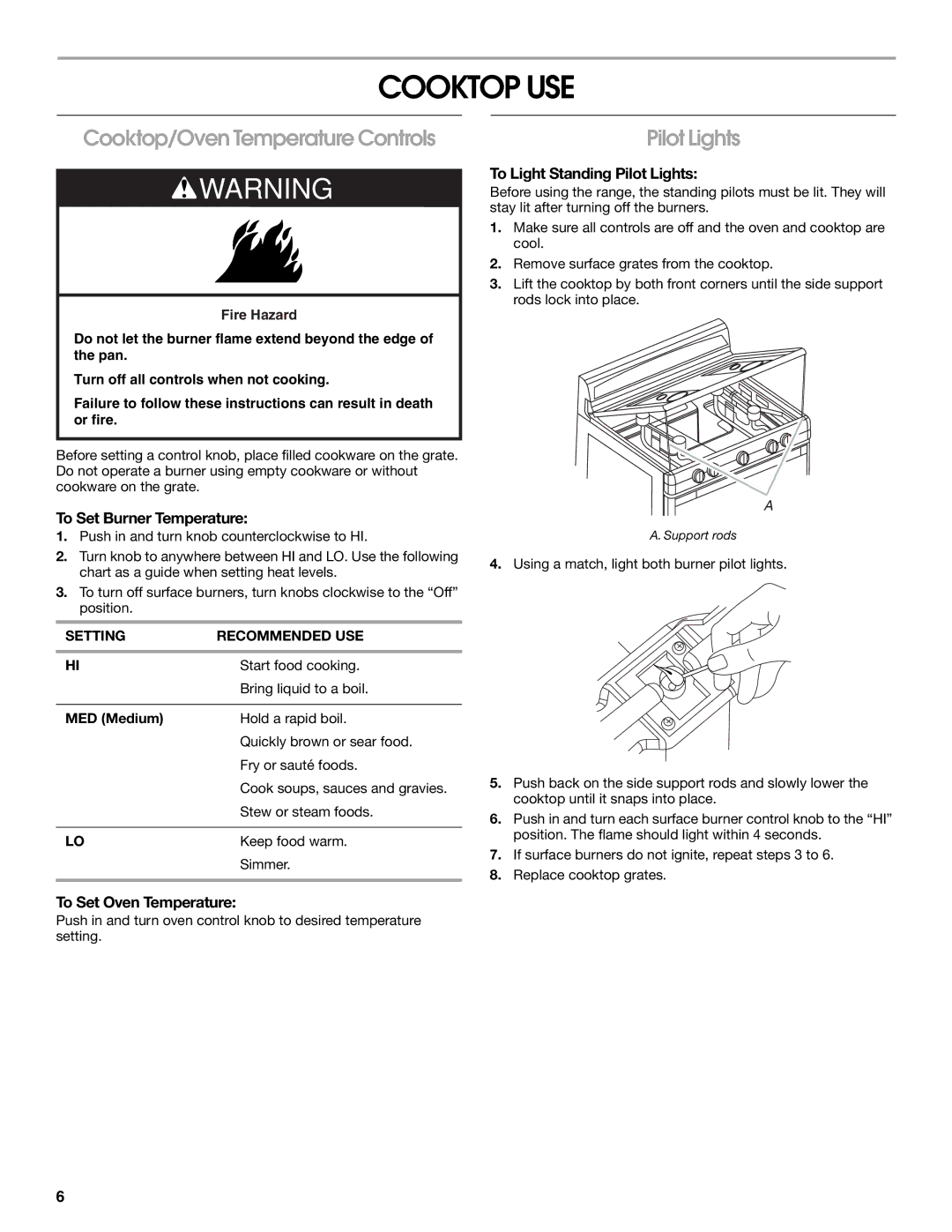 Whirlpool W10330186A manual Cooktop USE, Cooktop/Oven Temperature Controls, Pilot Lights 