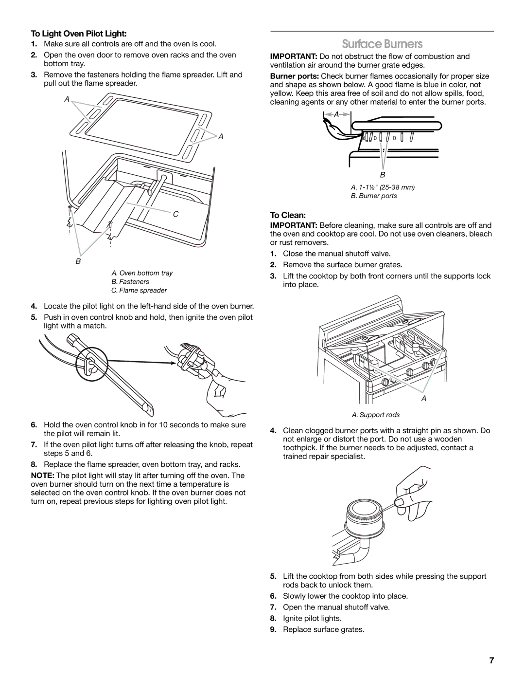 Whirlpool W10330186A manual Surface Burners, To Light Oven Pilot Light, To Clean 