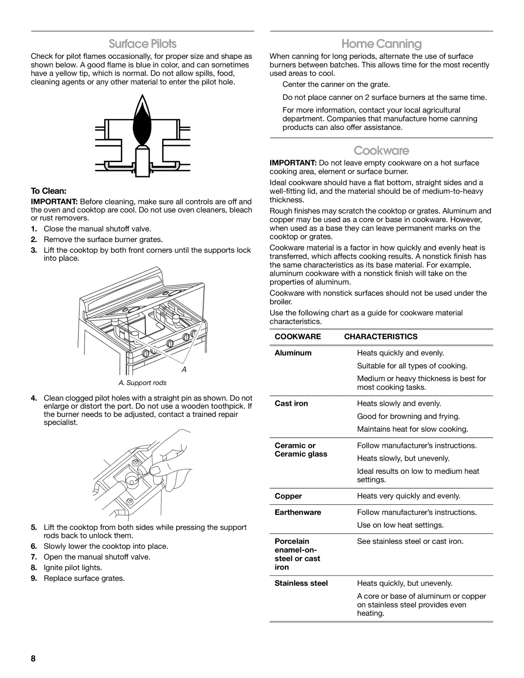 Whirlpool W10330186A manual Surface Pilots, Home Canning, Cookware Characteristics 