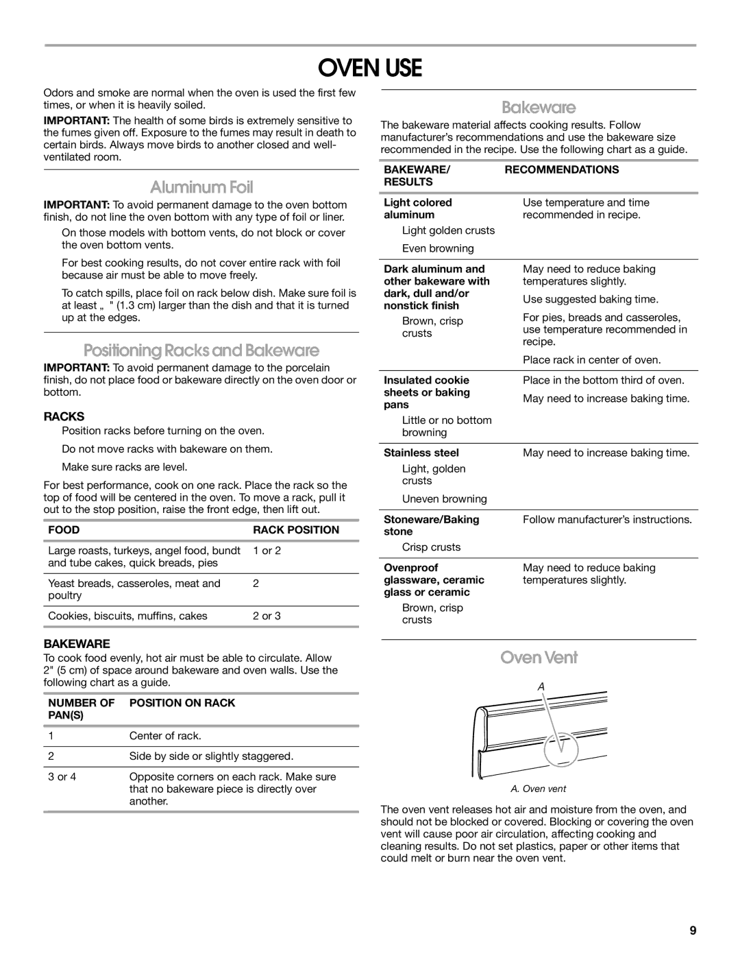 Whirlpool W10330186A manual Oven USE, Aluminum Foil, Positioning Racks and Bakeware, Oven Vent 