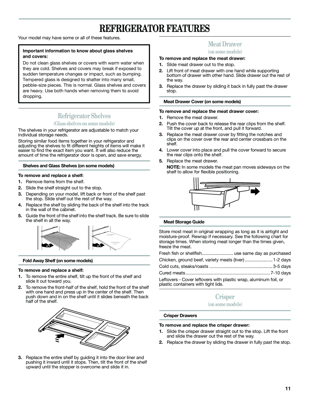 Whirlpool W10343810A installation instructions Refrigerator Features, Refrigerator Shelves, Meat Drawer, Crisper 