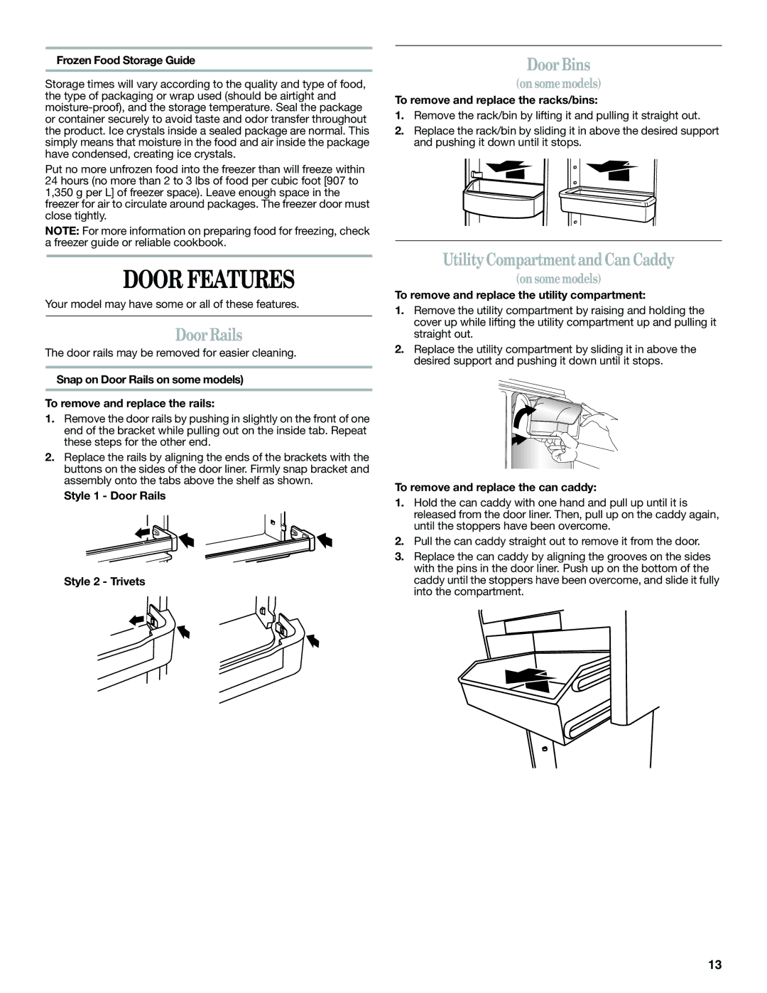 Whirlpool W10343810A installation instructions Door Features, Door Rails, Door Bins, Utility Compartment and Can Caddy 