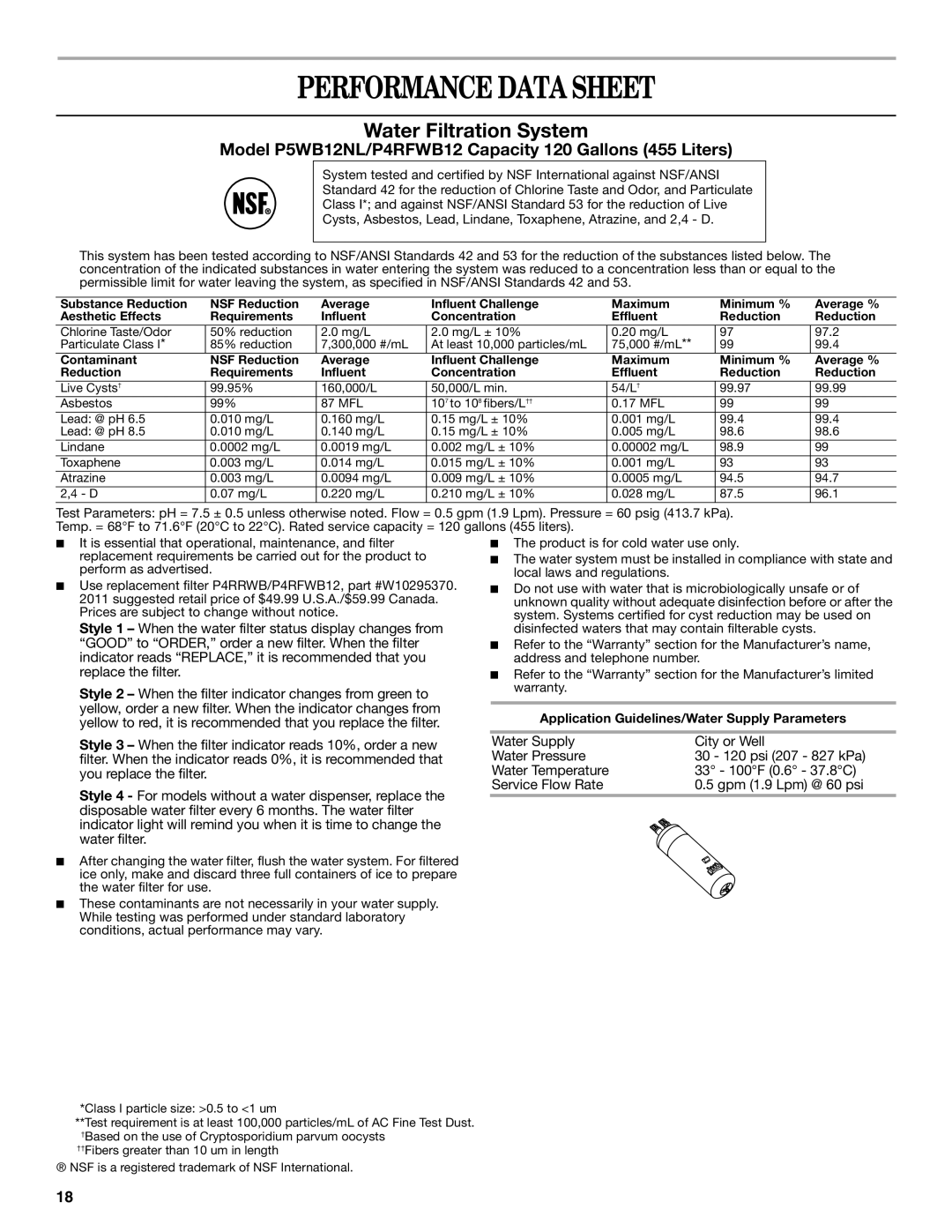 Whirlpool W10343810A installation instructions Performance Data Sheet, Water Filtration System 