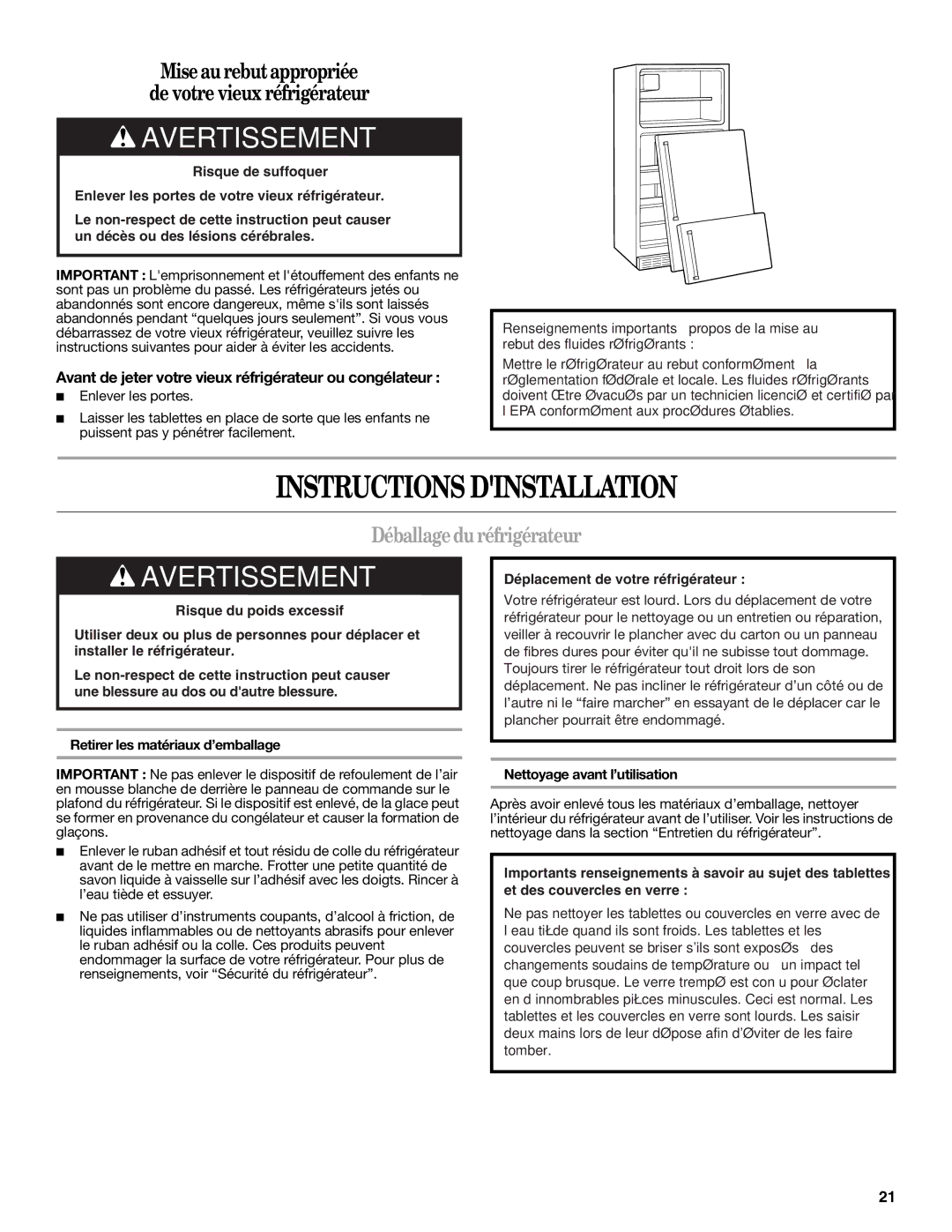 Whirlpool W10343810A Instructions Dinstallation, Déballage duréfrigérateur, Nettoyage avant l’utilisation 