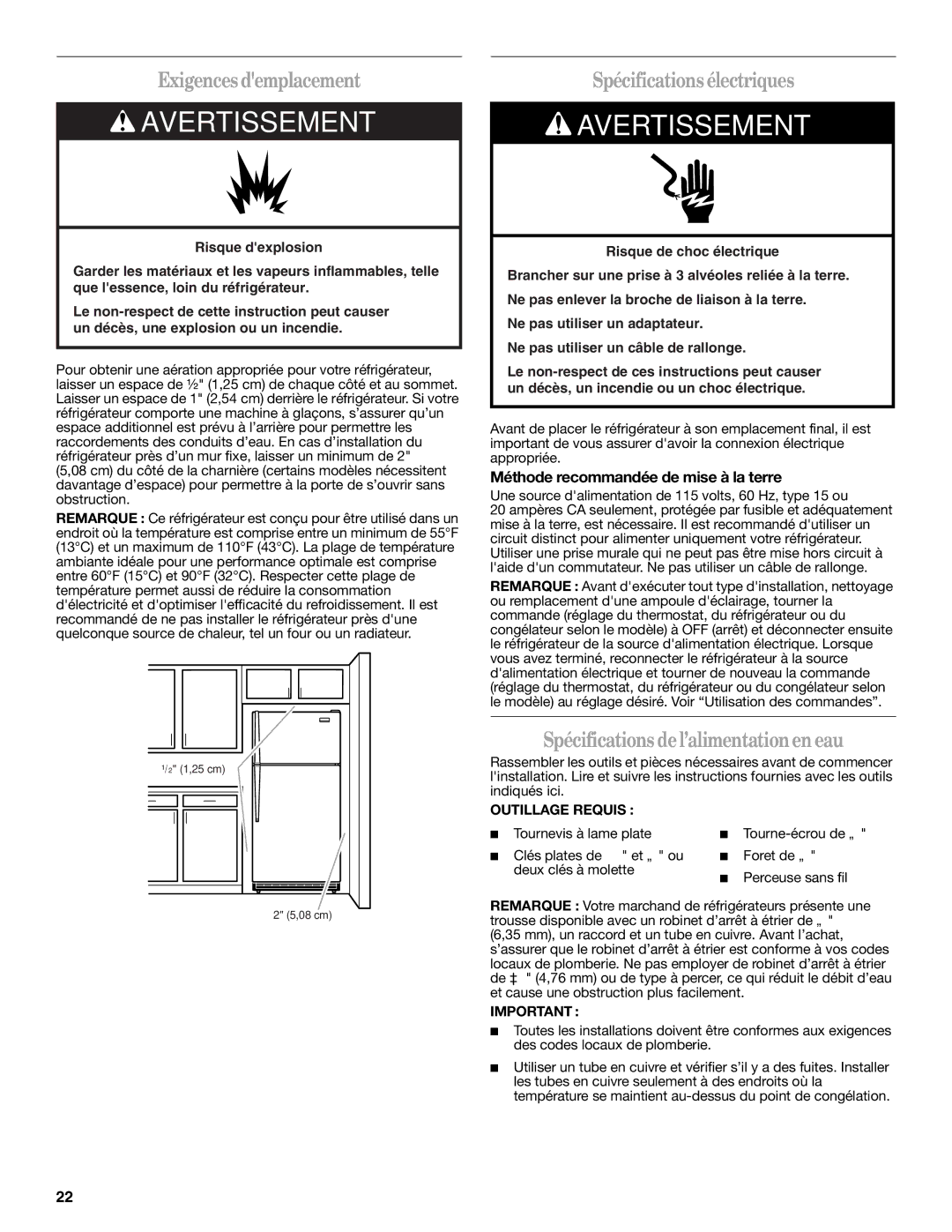 Whirlpool W10343810A Exigences demplacement, Spécifications électriques, Spécifications del’alimentationen eau 