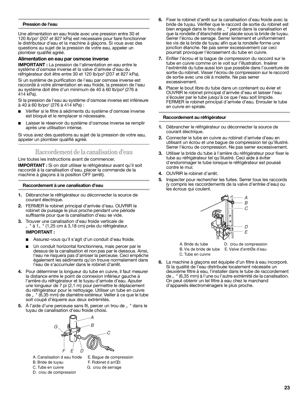 Whirlpool W10343810A Raccordement de la canalisation deau, Alimentation en eau par osmose inverse, Pression de leau 