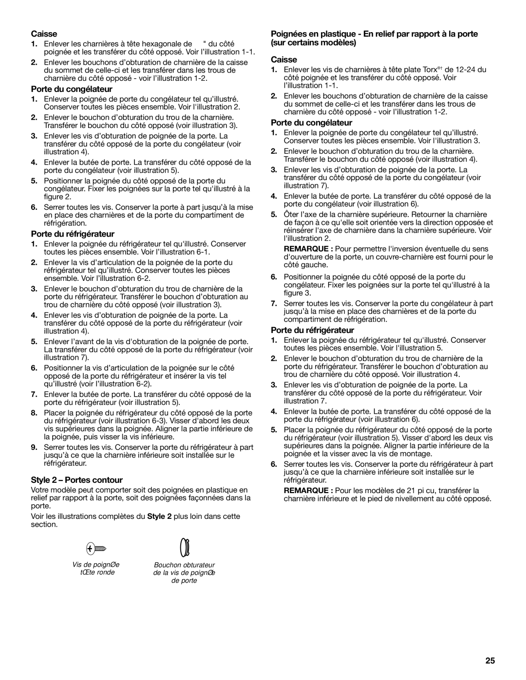 Whirlpool W10343810A installation instructions Caisse, Porte du congélateur, Porte du réfrigérateur, Style 2 Portes contour 