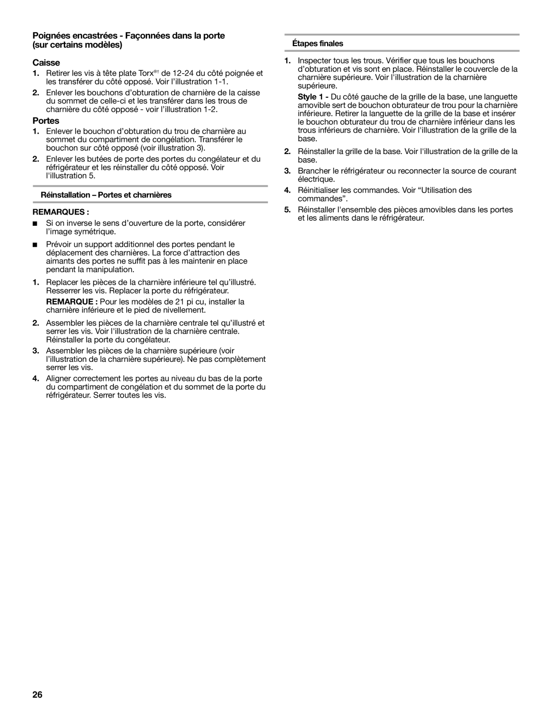 Whirlpool W10343810A installation instructions Réinstallation Portes et charnières, Remarques, Étapes finales 