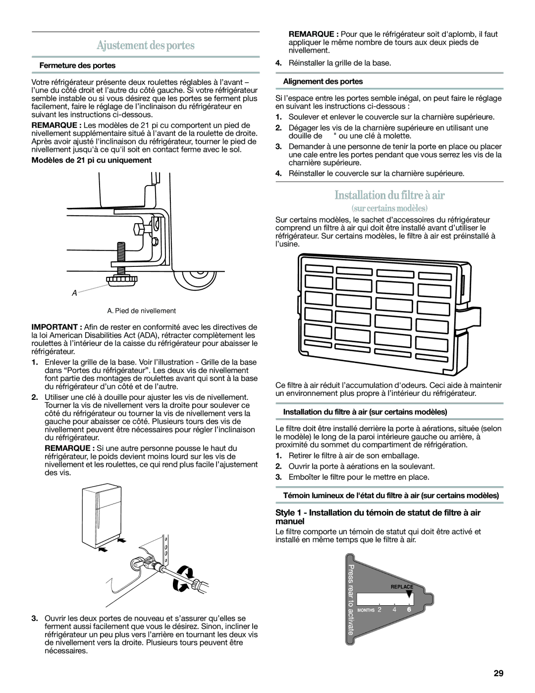 Whirlpool W10343810A installation instructions Ajustement desportes, Installationdu filtre à air 