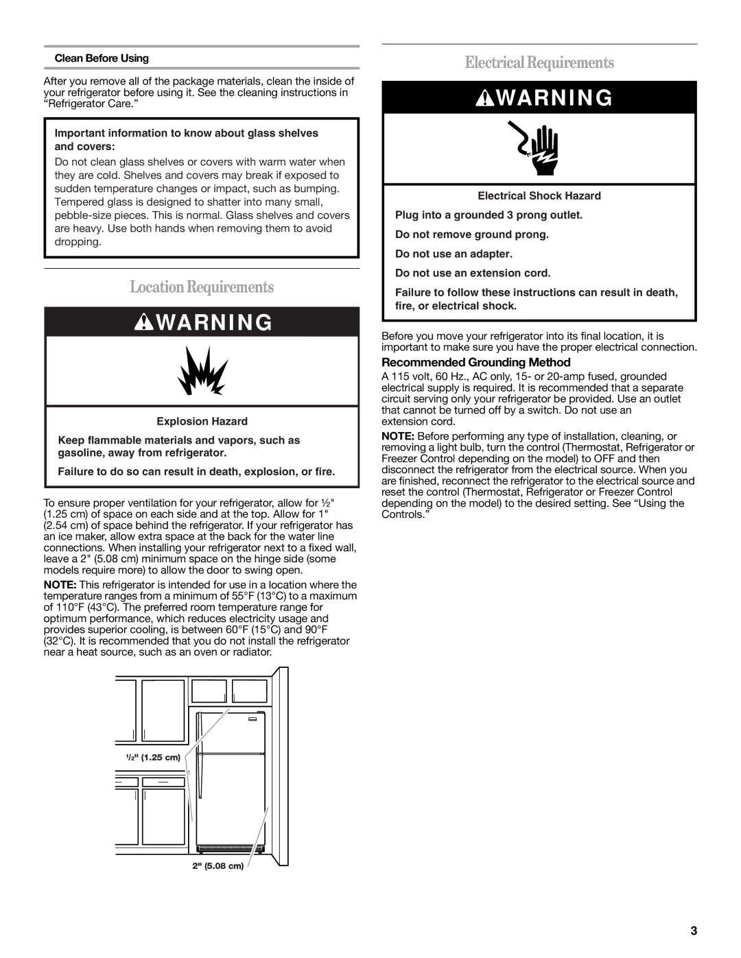 Whirlpool W10343810A LocationRequirements, Electrical Requirements, Recommended Grounding Method, Clean Before Using 