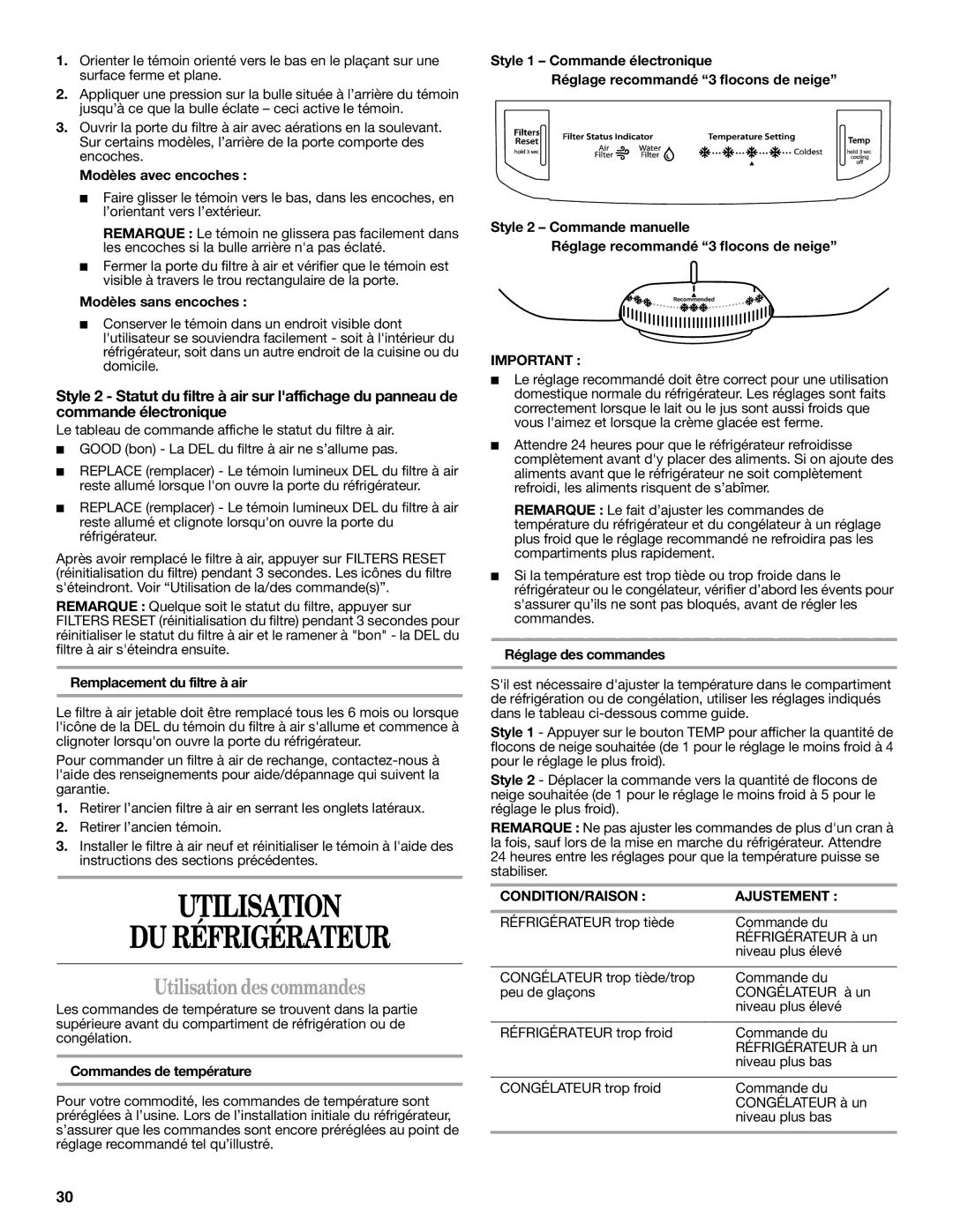 Whirlpool W10343810A Utilisation DU Réfrigérateur, Utilisation des commandes, CONDITION/RAISON Ajustement 