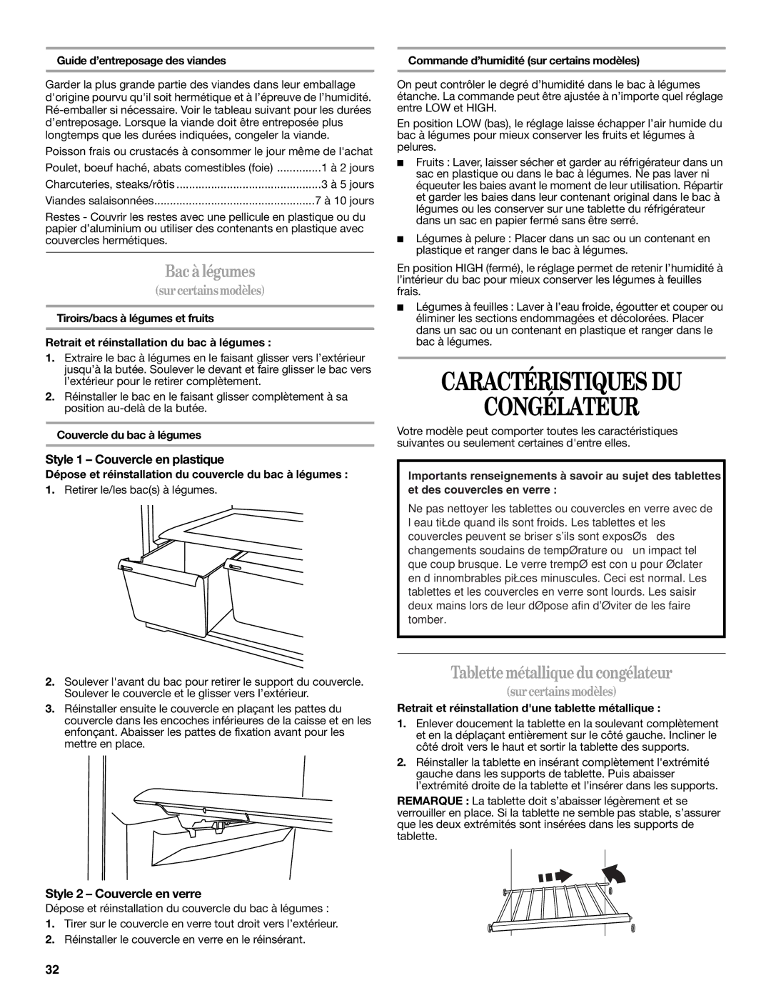 Whirlpool W10343810A Caractéristiques DU Congélateur, Bac à légumes, Tablette métallique ducongélateur 