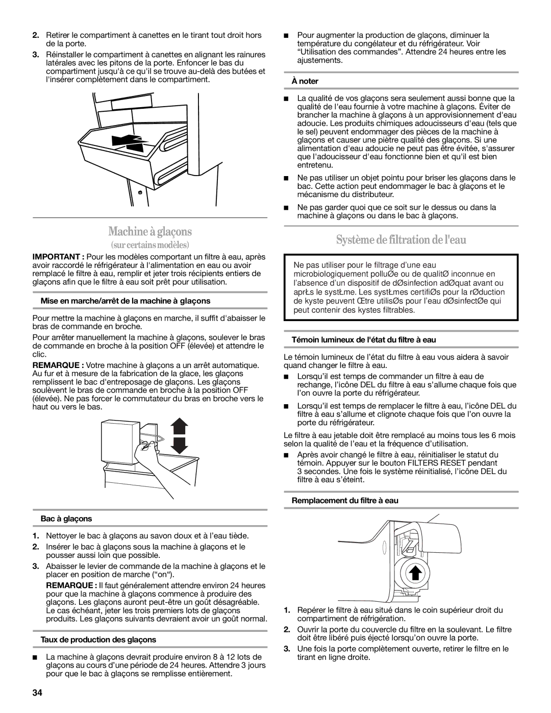 Whirlpool W10343810A installation instructions Machine à glaçons, Système defiltrationde leau 