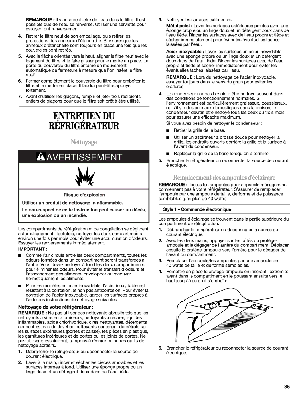 Whirlpool W10343810A installation instructions Entretien DU Réfrigérateur, Nettoyage, Remplacement des ampoules d’éclairage 