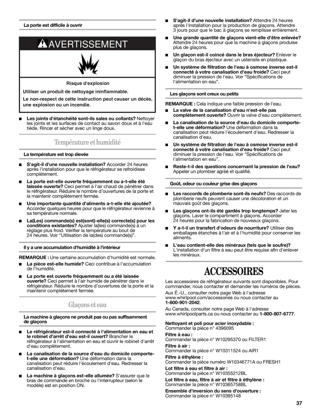 Whirlpool W10343810A installation instructions Accessoires, Température et humidité, Glaçons et eau 