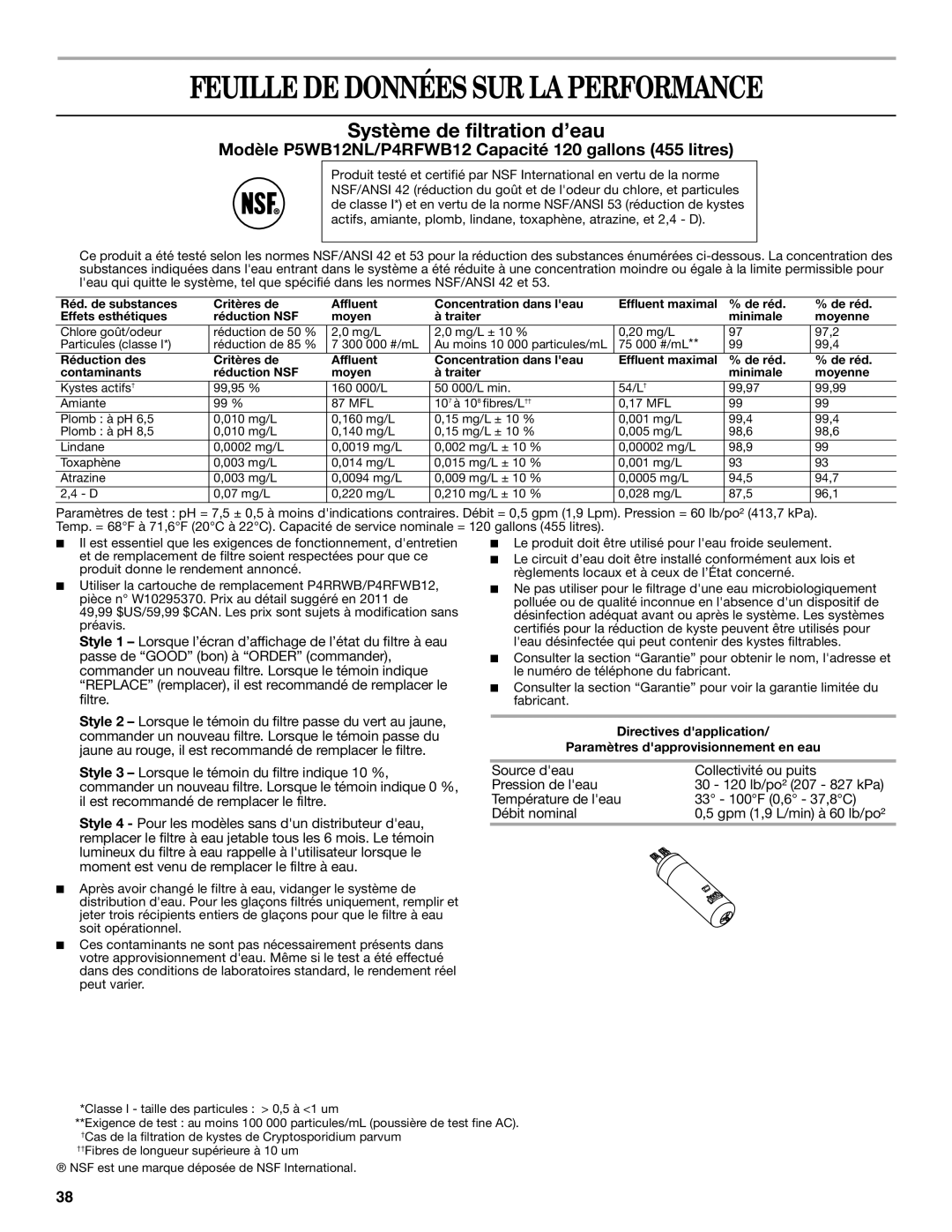 Whirlpool W10343810A installation instructions Feuille DE Données SUR LA Performance, Système de filtration d’eau 