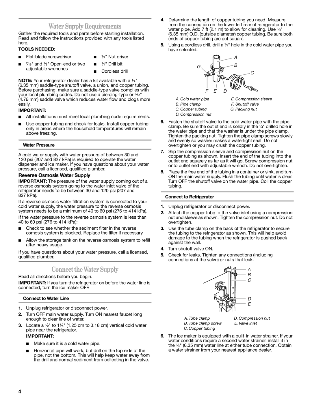 Whirlpool W10343810A Water Supply Requirements, Connect the Water Supply, Reverse Osmosis Water Supply, Tools Needed 