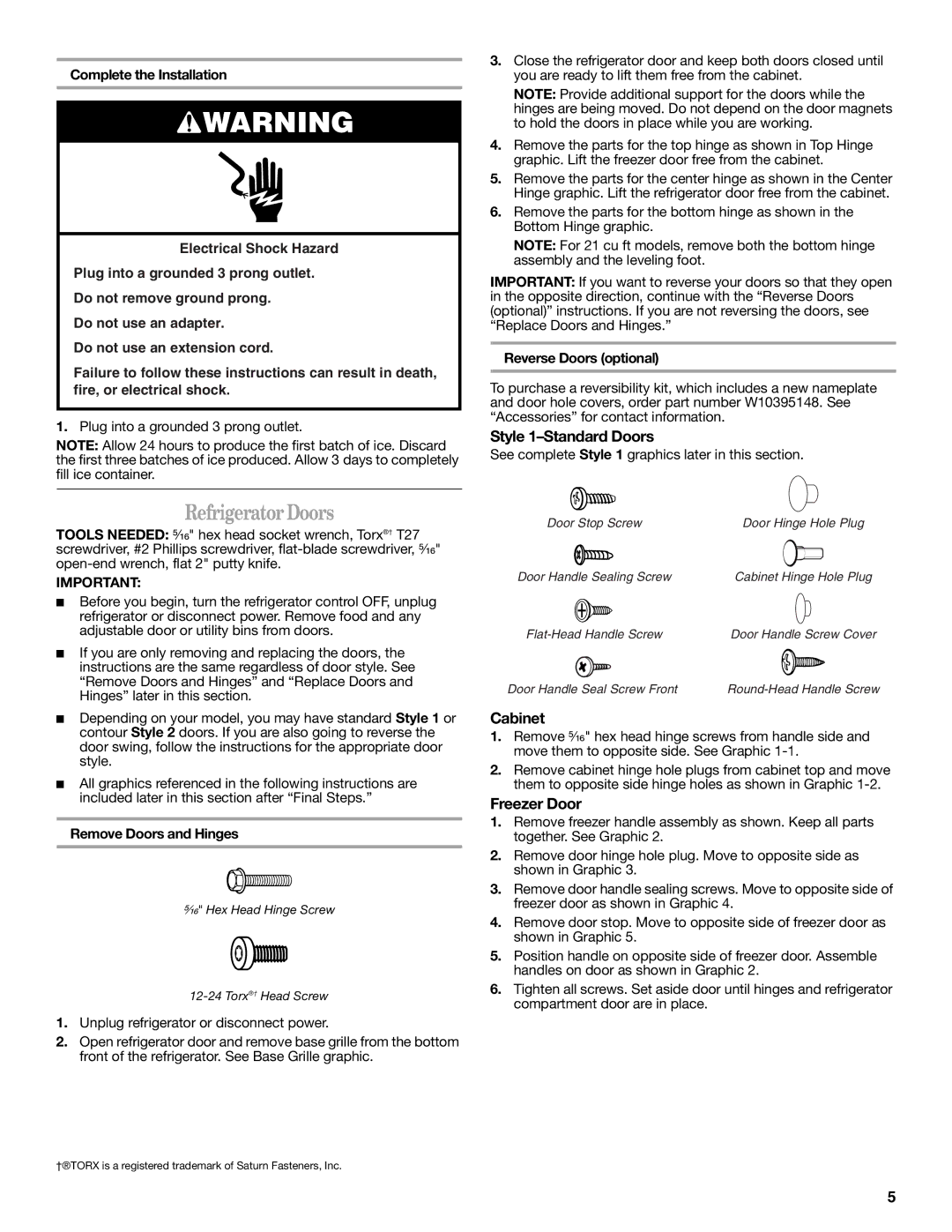 Whirlpool W10343810A installation instructions Refrigerator Doors, Style 1-Standard Doors, Cabinet, Freezer Door 