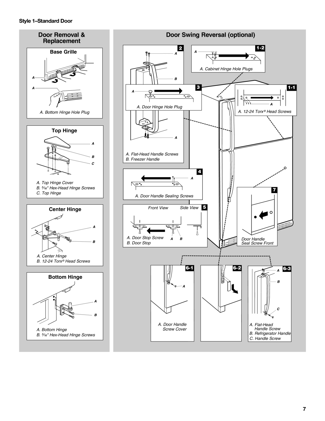 Whirlpool W10343810A installation instructions Door Removal Replacement, Style 1-Standard Door 