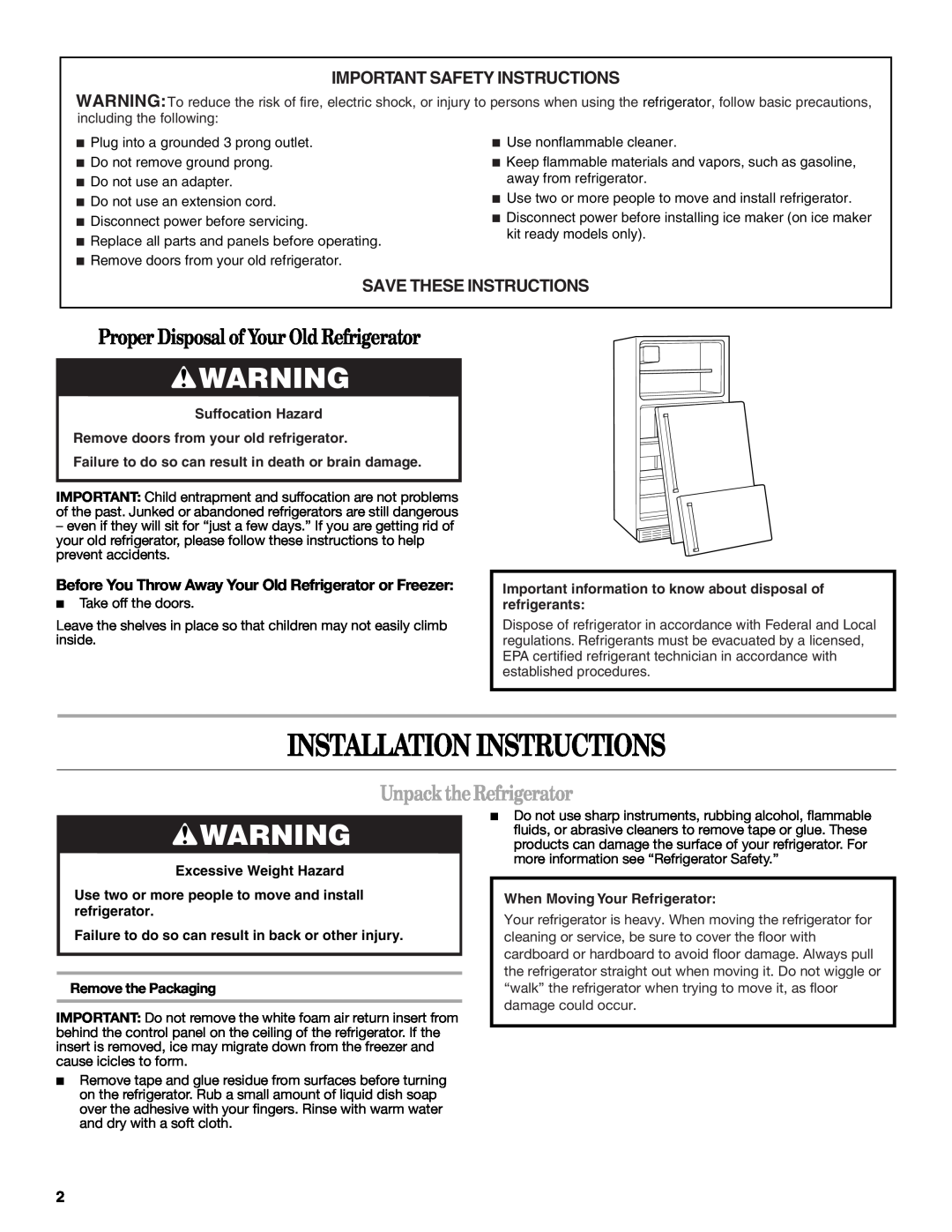 Whirlpool W10343810A Installation Instructions, Proper Disposal of Your Old Refrigerator, Unpack the Refrigerator 