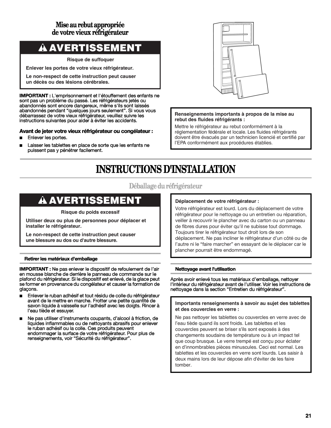 Whirlpool W10343810A Instructions Dinstallation, Avertissement, Mise aurebut appropriée, de votre vieux réfrigérateur 
