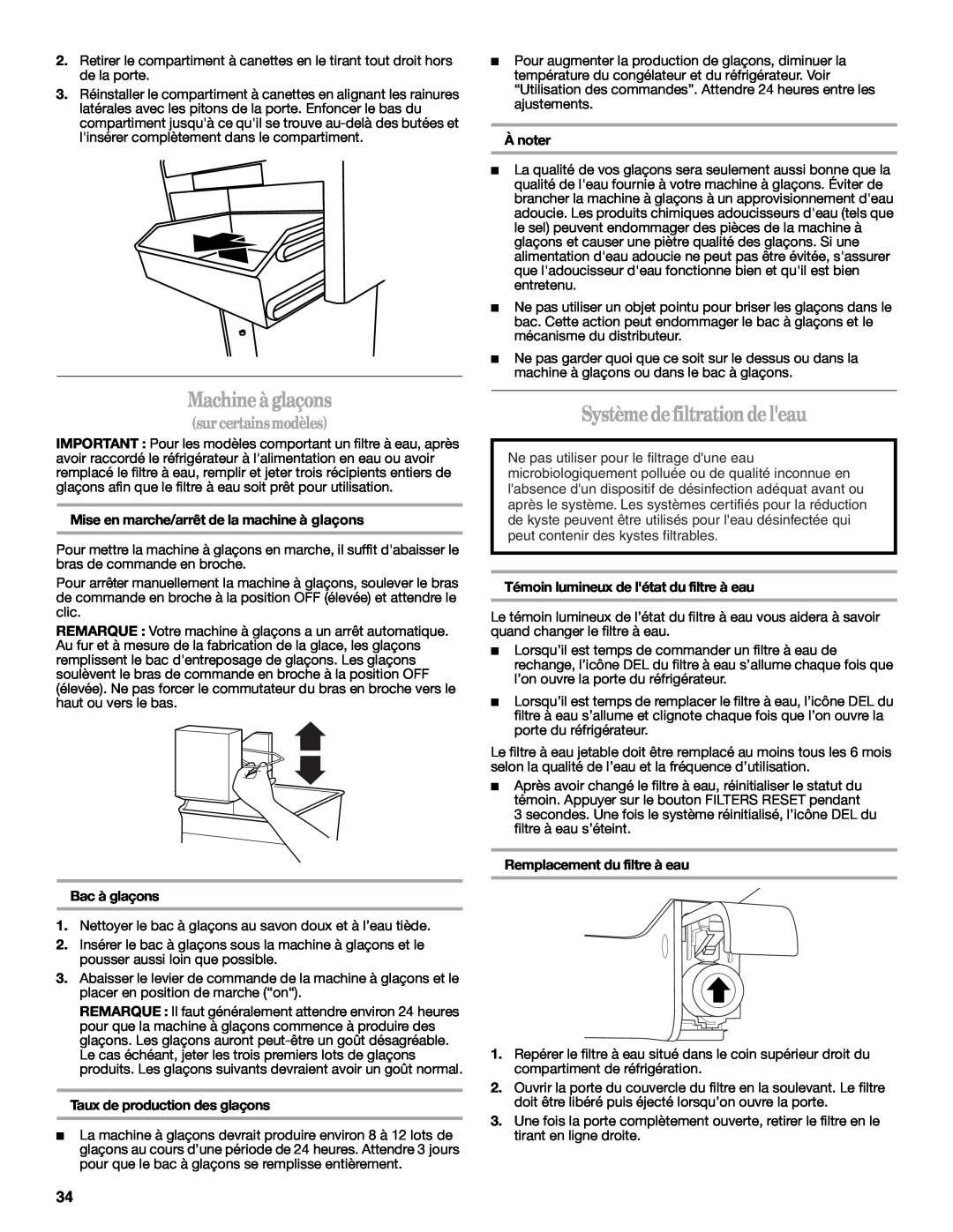 Whirlpool W10343810A Machine à glaçons, Système defiltrationde leau, surcertainsmodèles, Bac à glaçons, Ànoter 