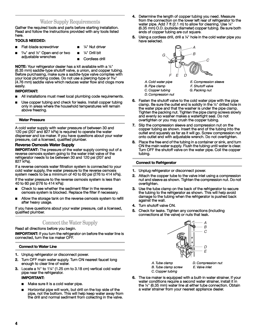 Whirlpool W10343810A Water Supply Requirements, Connect the Water Supply, Tools Needed, Water Pressure 