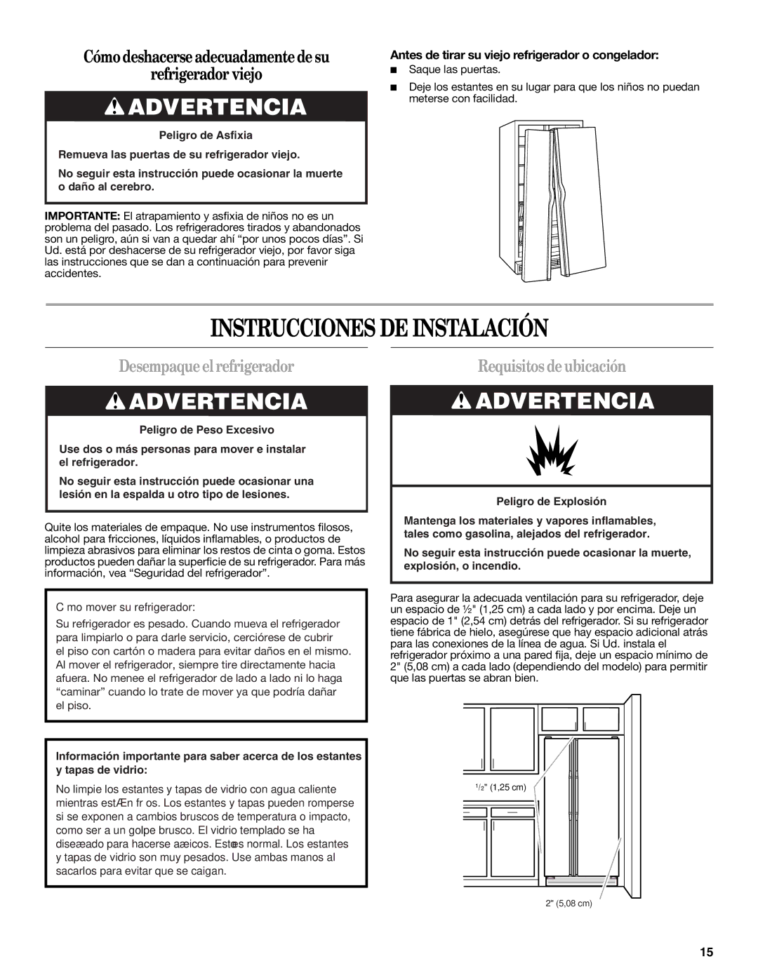 Whirlpool W10346247A Instrucciones DE Instalación, Desempaque el refrigerador, Requisitos de ubicación 