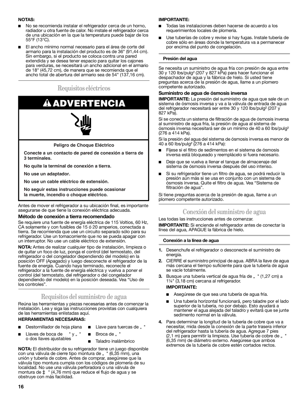 Whirlpool W10346247A Requisitos eléctricos, Requisitos del suministro de agua, Conexión del suministro de agua 