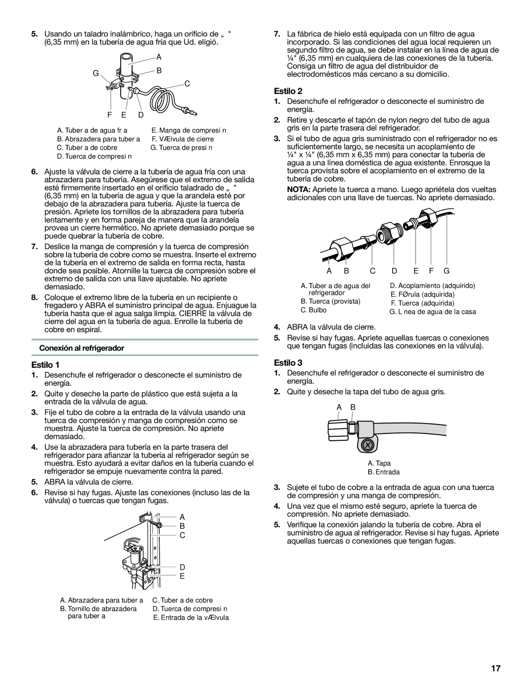 Whirlpool W10346247A installation instructions Estilo, Conexión al refrigerador 