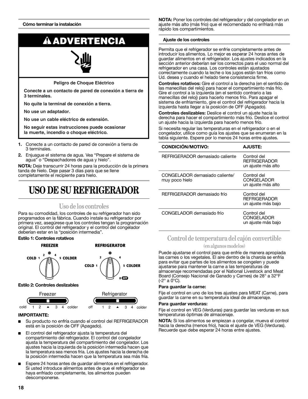 Whirlpool W10346247A Uso de los controles, Control de temperatura del cajón convertible, CONDICIÓN/MOTIVO Ajuste 