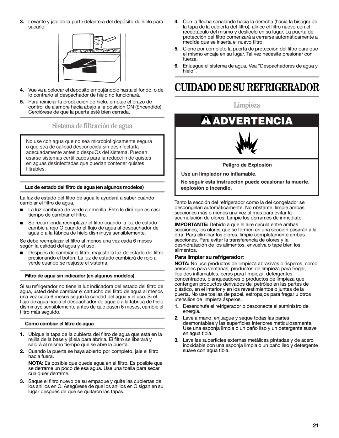 Whirlpool W10346247A installation instructions Sistema de filtración de agua, Limpieza, Para limpiar su refrigerador 