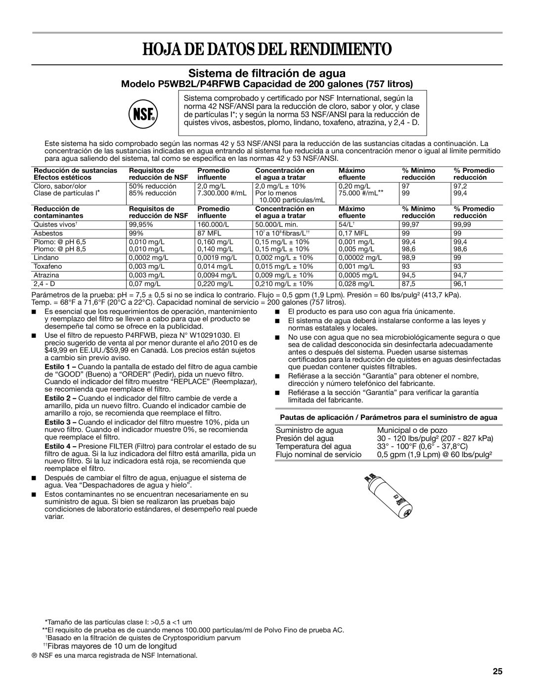 Whirlpool W10346247A installation instructions Hoja DE Datos DEL Rendimiento, Sistema de filtración de agua 