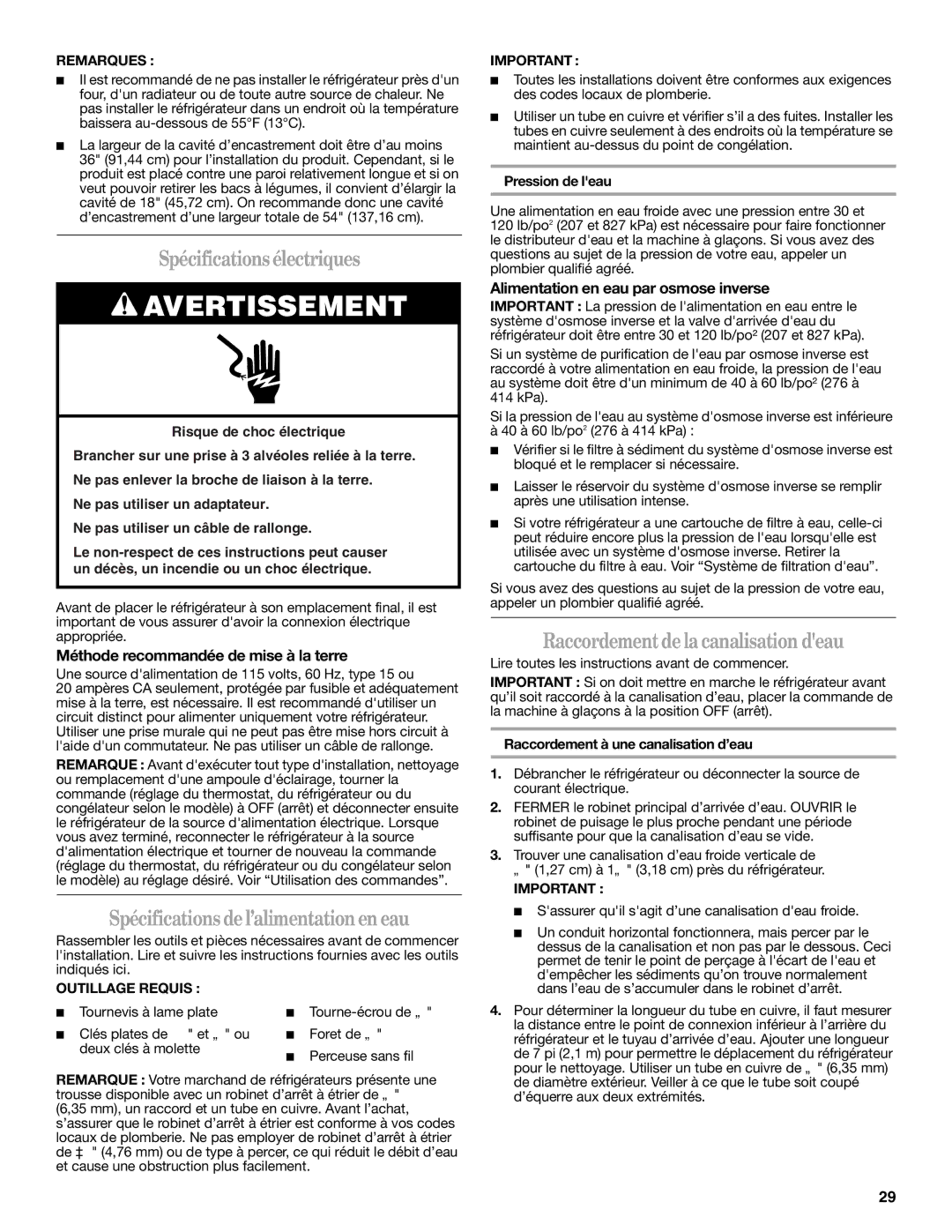 Whirlpool W10346247A installation instructions Spécificationsélectriques, Spécifications de l’alimentationen eau 