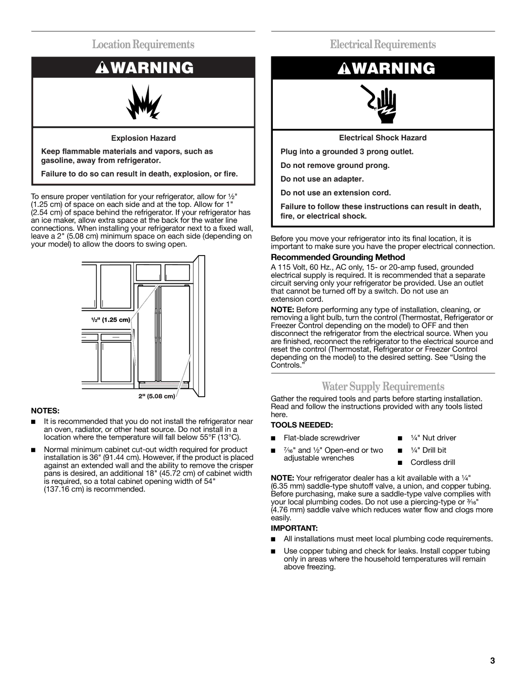 Whirlpool W10346247A LocationRequirements, Electrical Requirements, Water Supply Requirements, Tools Needed 