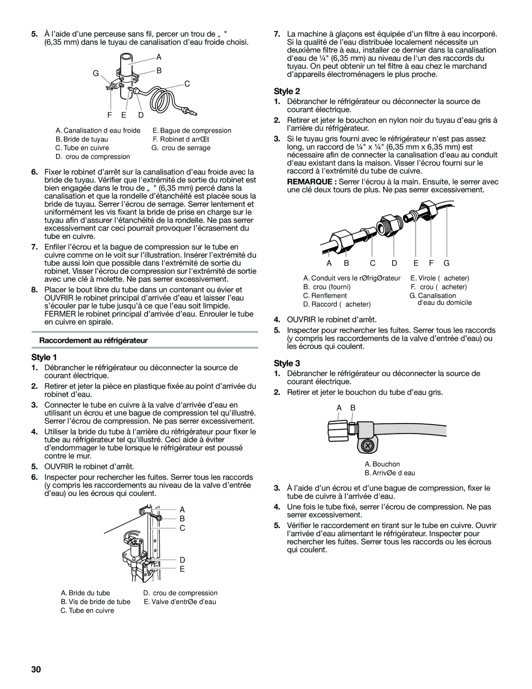 Whirlpool W10346247A installation instructions Style, Raccordement au réfrigérateur 