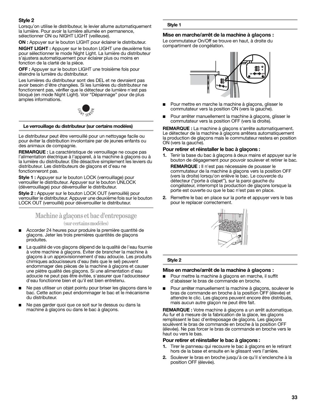 Whirlpool W10346247A Machine à glaçons et bac dentreposage, Mise en marche/arrêt de la machine à glaçons 