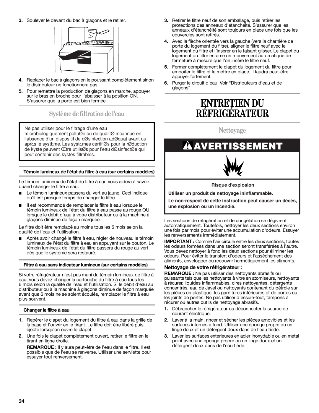 Whirlpool W10346247A Entretien DU Réfrigérateur, Système de filtrationde leau, Nettoyage de votre réfrigérateur 