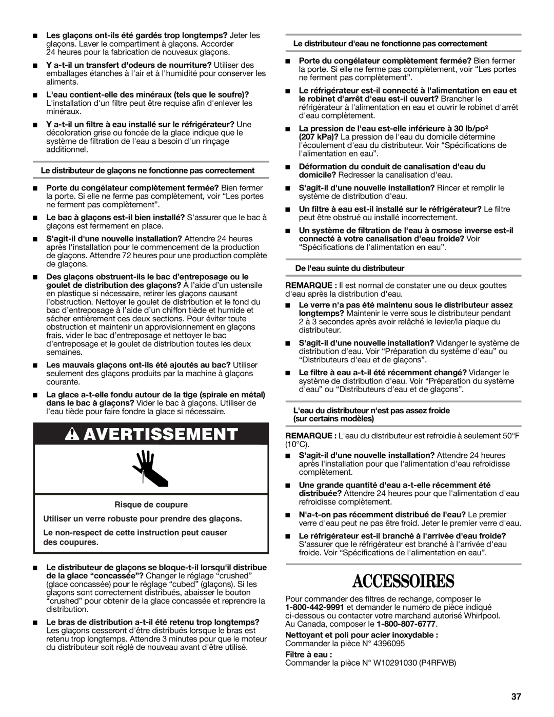 Whirlpool W10346247A installation instructions Accessoires, Nettoyant et poli pour acier inoxydable, Filtre à eau 