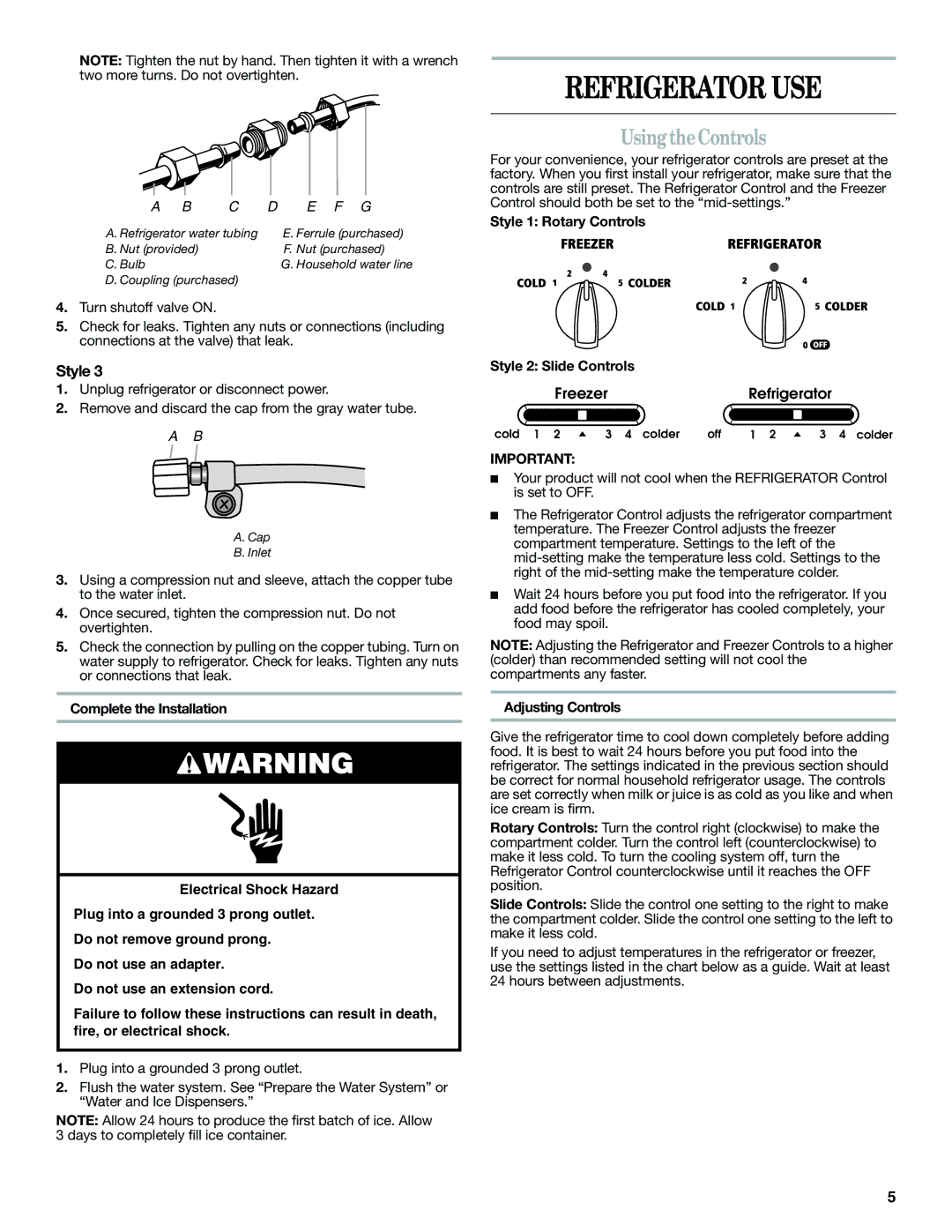 Whirlpool W10346247A Refrigerator USE, Using theControls, Style 1 Rotary Controls Style 2 Slide Controls 