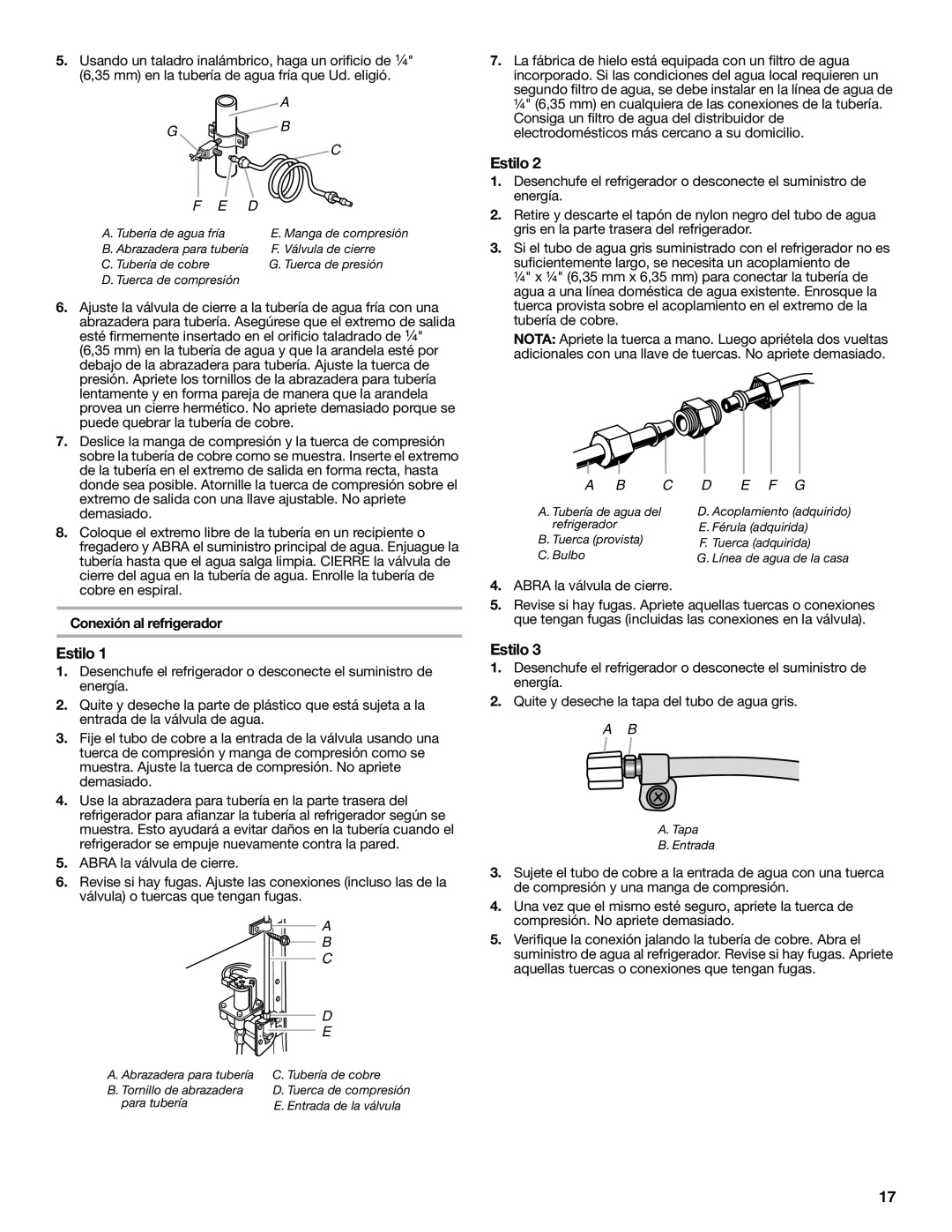Whirlpool W10346247A installation instructions Estilo, A G B C F E D, Conexión al refrigerador, E F G 