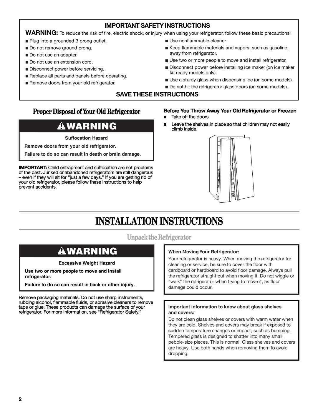 Whirlpool W10346247A Installation Instructions, Unpack the Refrigerator, Important Safety Instructions 