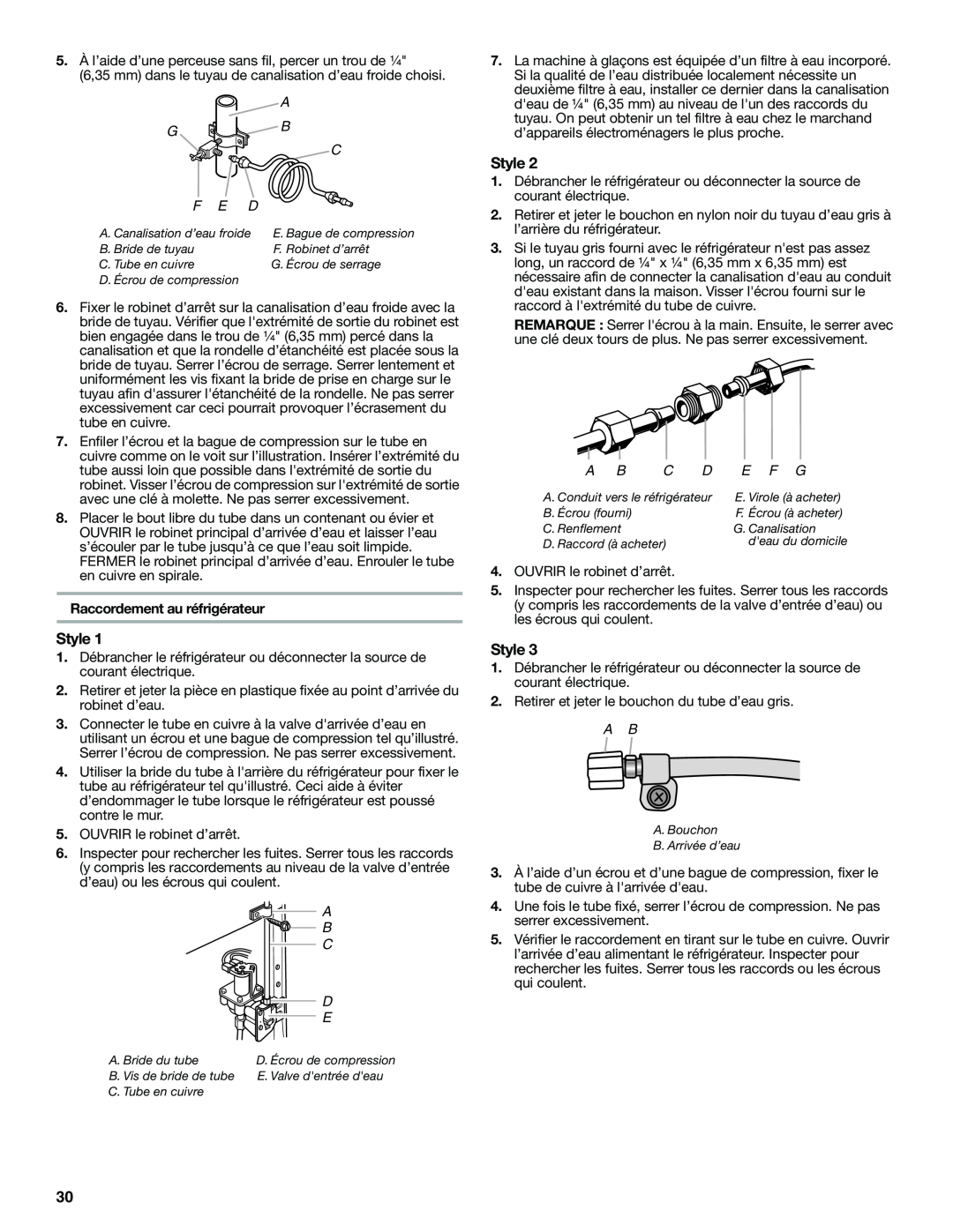 Whirlpool W10346247A installation instructions Raccordement au réfrigérateur, Style, A G B C F E D, E F G 